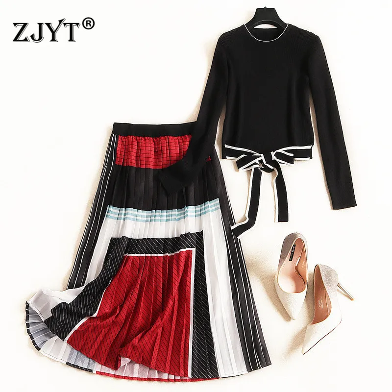 

High Quality Designer Autumn Winter Suit Set Women 2019 Fashion Bowknot Pullover Knit Sweater Top and Pleated Skirt 2piece Set