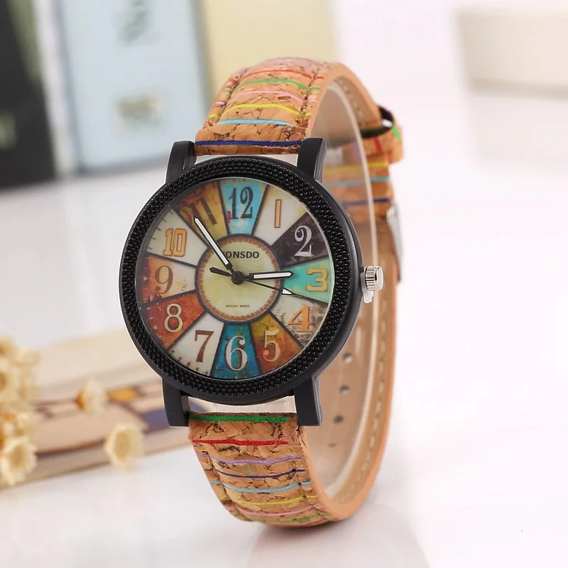 

Fashion 2019 Women'S Watch Flower Surface Wood Rotary Watch Lady's Fashion Quartz Leisure WristWatches Vintage Stripe Pattern