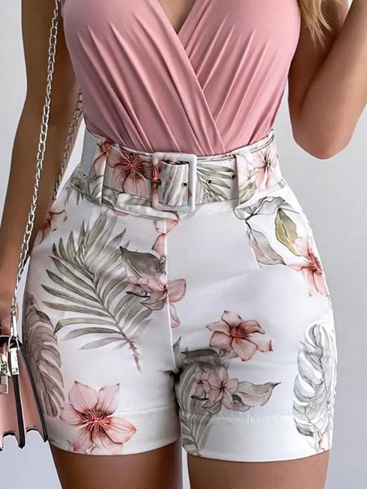 Summer Women Fashion Two Piece Suit Sets Office Lady Sleeveless V Neck Pink Plain Ruched Top & Tropical Print Shorts Set matching tracksuit set