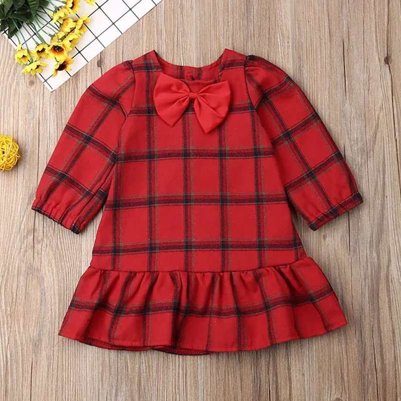 

Baby Girls Cute Long Sleeve Autumn Casual Plaid Print Dresses Wiith Bowknot Kids Pageant Children's Princess Dresses