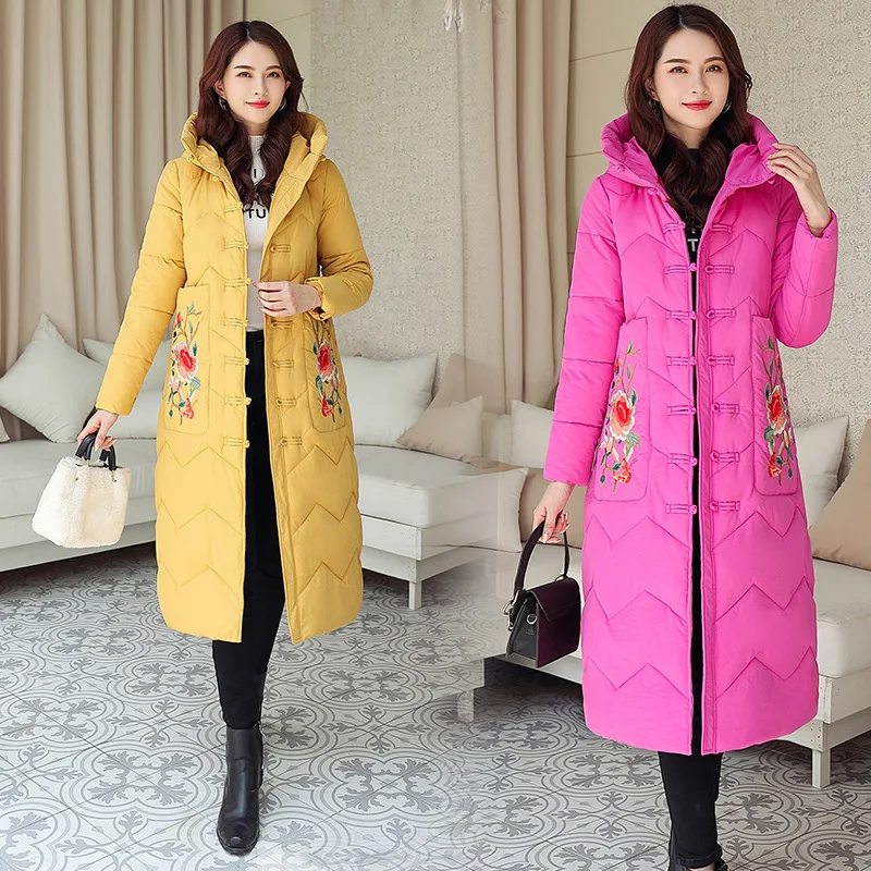 

2019 Fall And Winter Clothes New Style Women's Ethnic-Style Embroidered Hooded Long down Cotton Frog Cotton Coat Cotton-padded C