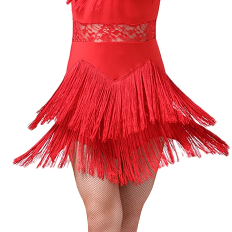 Кружевная строчка для латинских танцев, Одежда для танцев, одежда для выступлений, двойная юбка с бахромой, танцевальный костюм