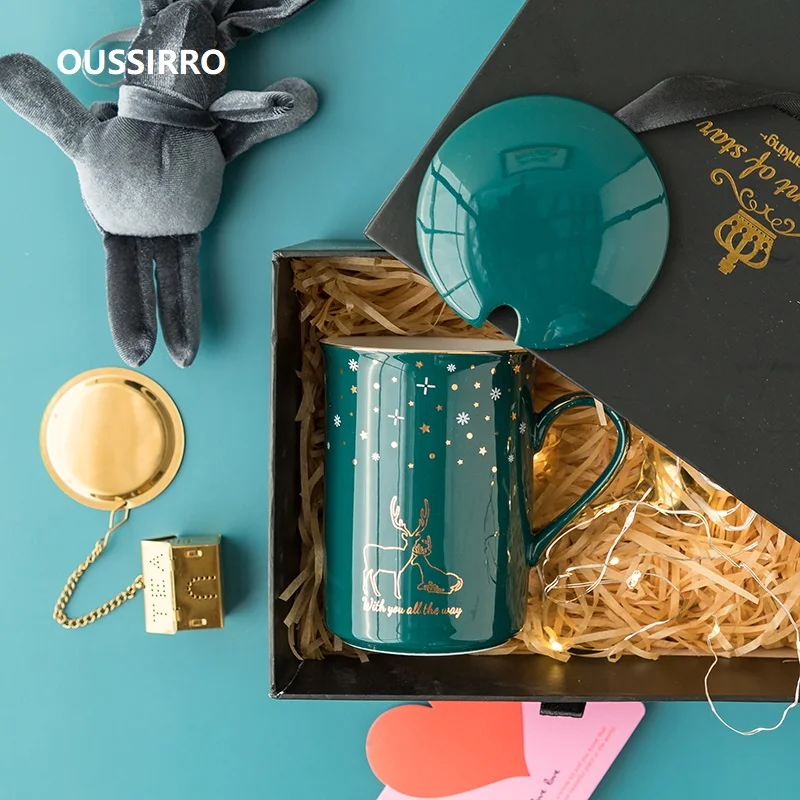 

OUSSIRRO Ceramic Cup Kit Porcelain Constellation Theme LuckyMerry Christmas Mug with Gift Box Christmas Gift for Friends