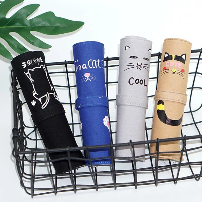 

Cat Pencil Case For Girls Boys Canvas School Pencil Case Roll Up Pencil Bag Portable Pencil Box School Supplies material escolar