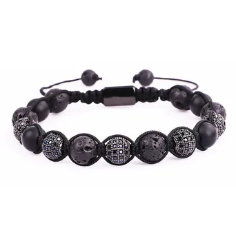 New Arrival Men Bracelet Jewelry 8MM Lava Rock Stone CZ Disc Ball Woven Beads Wrap Bracelets For Men