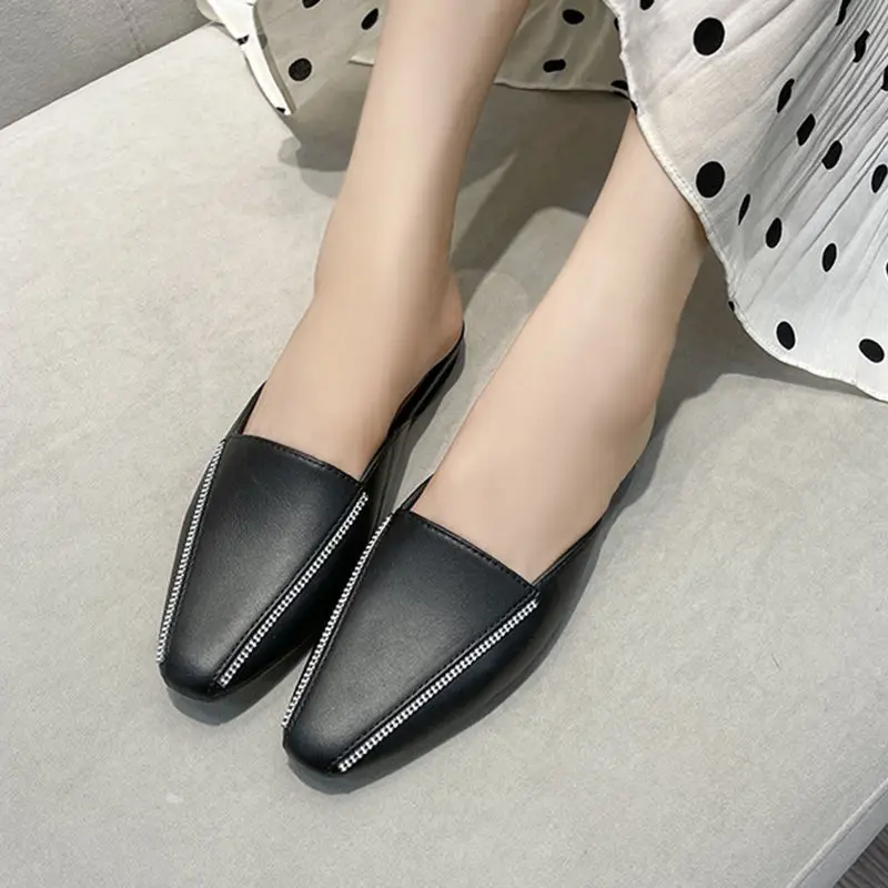 Women Low Cool Slippers Pointed Toe Flats Bottom Fashion Summer Drag Sandals Woman's Baotou Slippers Lazy Casual Mules Shoes