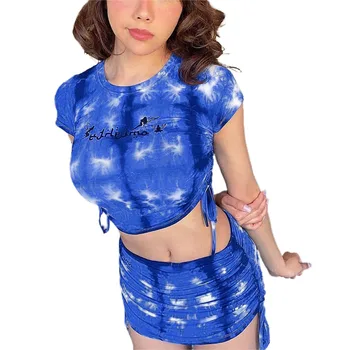 

Womens Tie-dye Outfit 2 Piece Sets Drawstring Lace Up Skirt and Crop Top Two Piece Set Womens Outfits Lounge Set Roupas Feminina