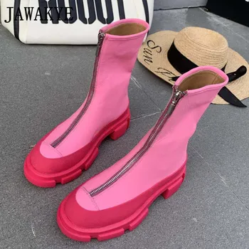 

Front Zipper Chelsea Boot Mixed Color Pink Thick Sole Platform Ankle Boots fashion boots mujer Combat Shoes Women's Short Boots