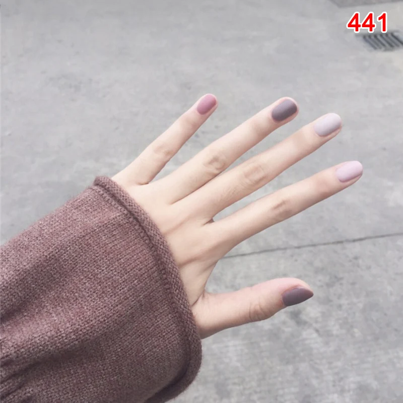Горячие Новые 24 шт Съемные носимые матовые накладные ногти полное покрытие короткие стильные яркие цвета поддельные ногти CJing - Цвет: 441