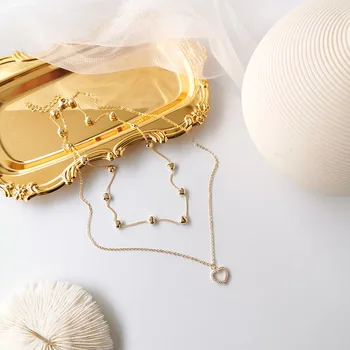

2020 Korean New Design Fashion Jewelry Multilayer Metal Love Necklace Exquisite Copper Inlay Zircon Love Pendant Female Necklace