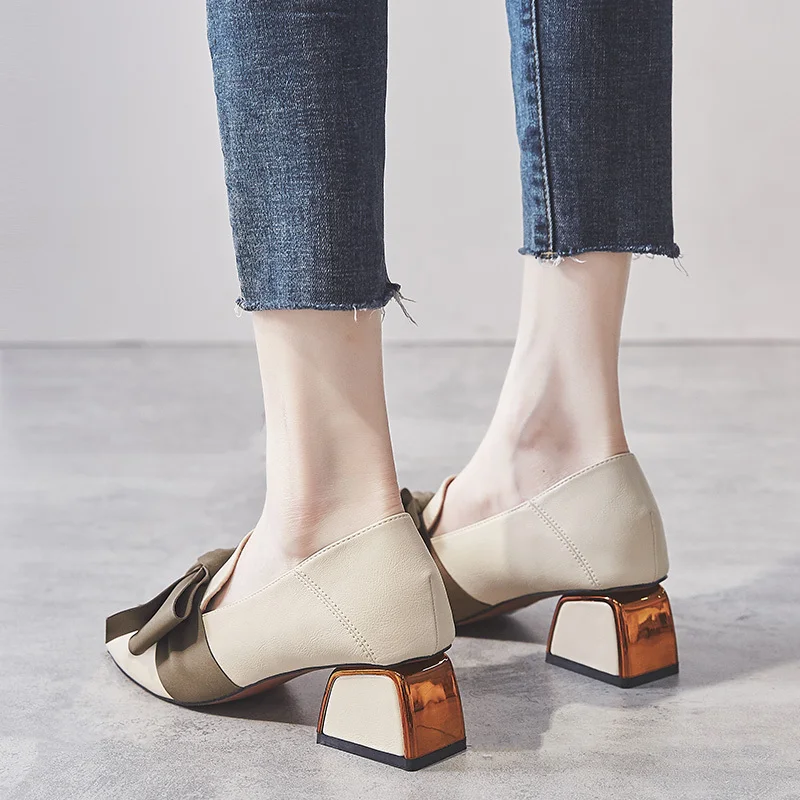 

High With Single Shoe Woman With 2019 Autumn Bow With All-match Square England Small Leather Shoes Woman