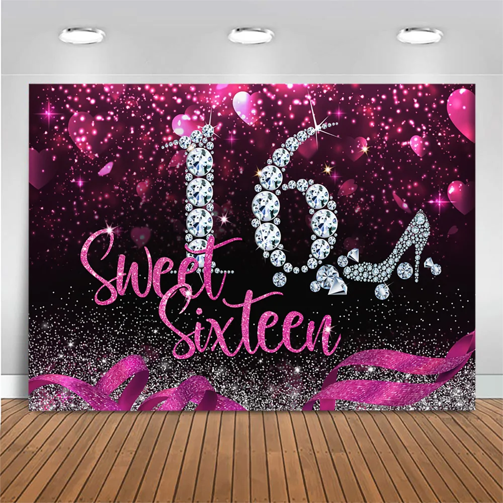 Mocsicka Glitter Sweet 16 Backdrop Girl 16th Birthday Party Photo Background High Heels Diamond Decoration Photography Backdrops
