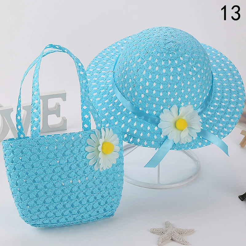 Summer Children Beach Flower Hats Set Wide Brim Straw Hat Beach Hat 3-7 Years Old