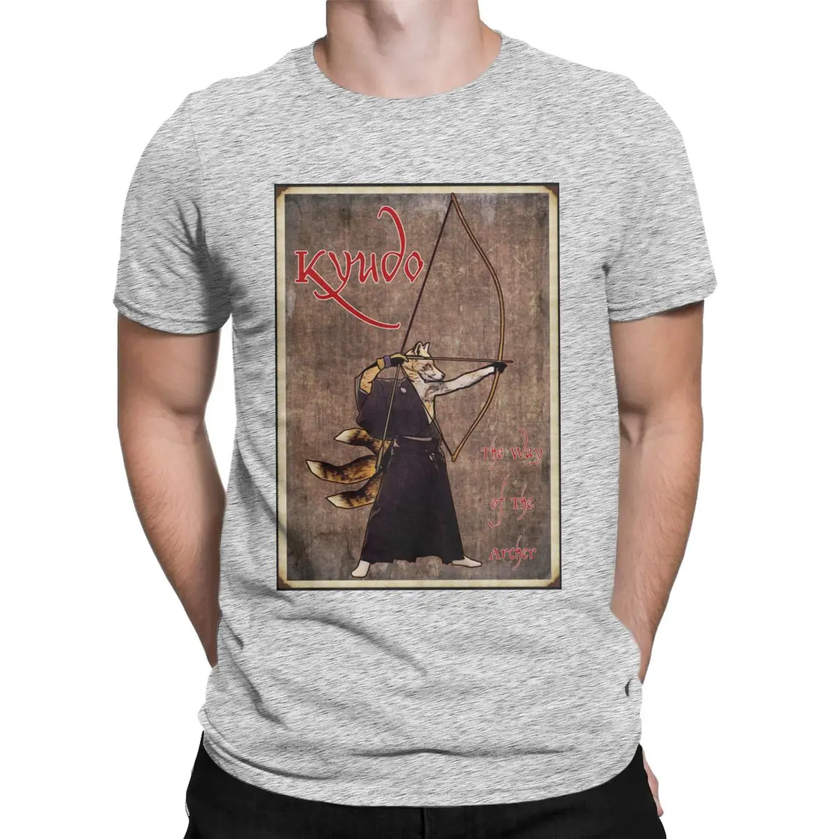 Винтажная Футболка Kyudo Kitsune The Way Of The Archer, мужские хлопковые футболки, футболка с коротким рукавом с изображением лука, стрел, японских первобытных стрельб из лука - Цвет: Серый