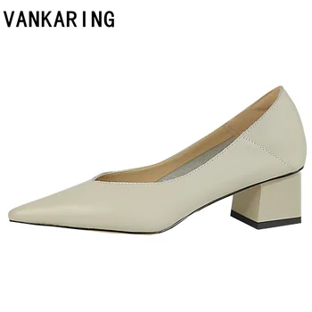 

classic square heels pointed toe pumps shoes women spring summer genuine leather V mouth casual office lady OL shoes heels pumps