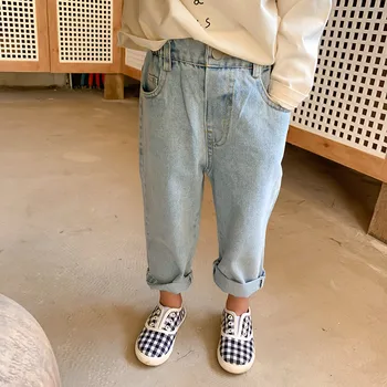 

Autumn boys loose solid color all-match jeans baby girls fashion Soft straight denim pants 1-6Y