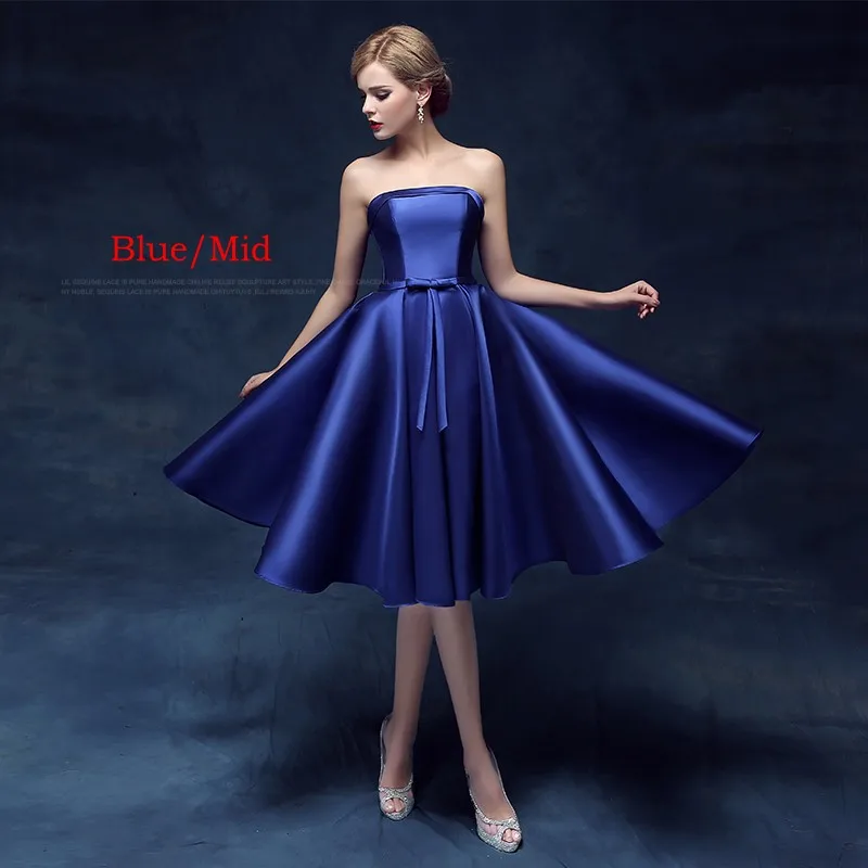 BLUE-MID Erosebridal атласное вечернее платье без бретелек для женщин, простой дизайн, длинное вечернее кружевное платье, длинное/Середина/короткое - Цвет: BLUE-MID