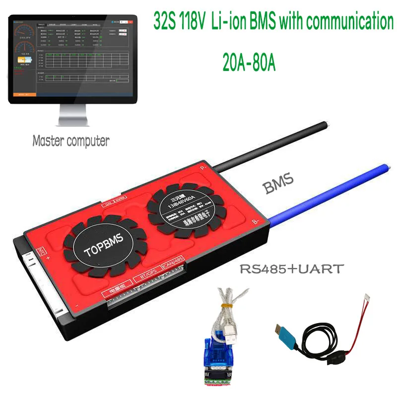 

32S 118V Li-ion BMS 20A80A with Bluetooth phone APP RS485 CANbus NTC UART LCD for Li-ion Batteries 3.7V connected in 32 series