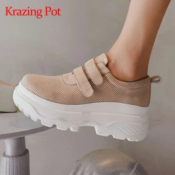 

Krazing pot leisure sheep suede rhinestone bling thick bottom waterproof modern round toe hook loop vulcanized shoes women L22