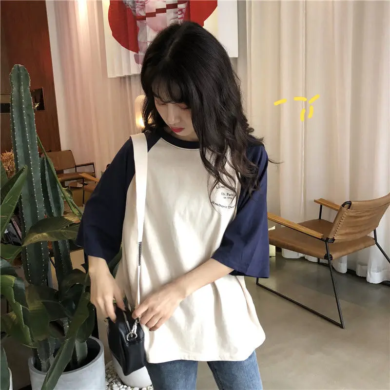 Women 5 Quarter Short Raglan Sleeve T-shirts Casual Patchwork Loose PopularO-neck Lazy Korean Style Simple Vintage584_voghion.com