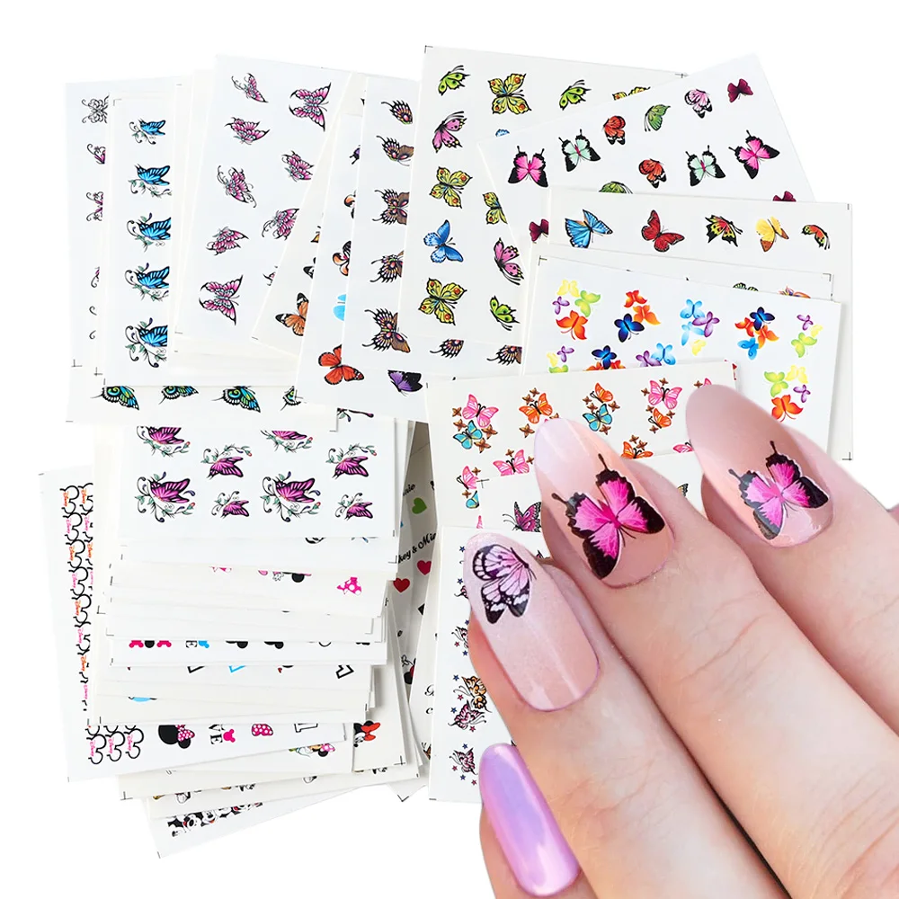 48 шт наклейки для ногтей набор Бабочка Цветы мультяшный дизайн ногтей Водные Наклейки слайдер татуировки украшения фольги Маникюр обертывания TRA337-384