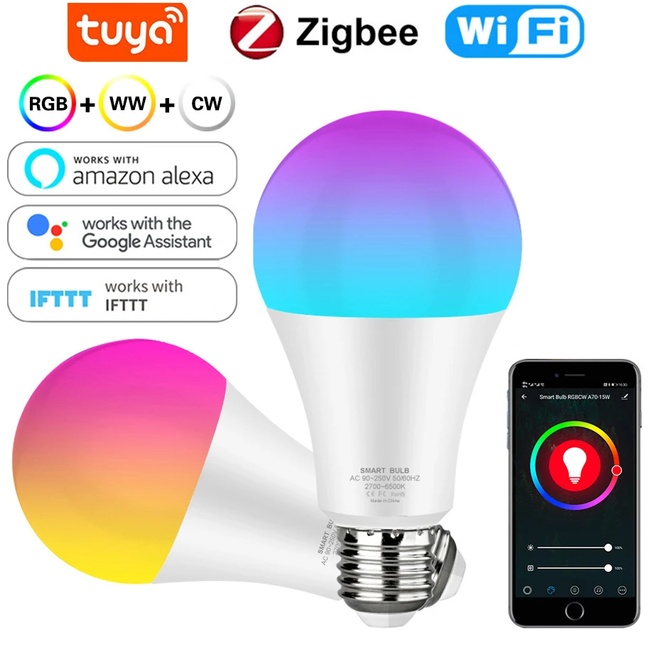 Smart Led Bulbs 220V E27 B22 12W 15W Tuya WiFi Lamp Zigbee Led Lights