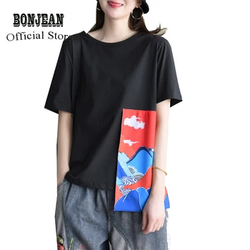 

Women Cotton T Shirt Tops Tees Big Loose Patchwork Asymmetric Retro Vintage Fashion Casual for Spring Summer AZ19311428