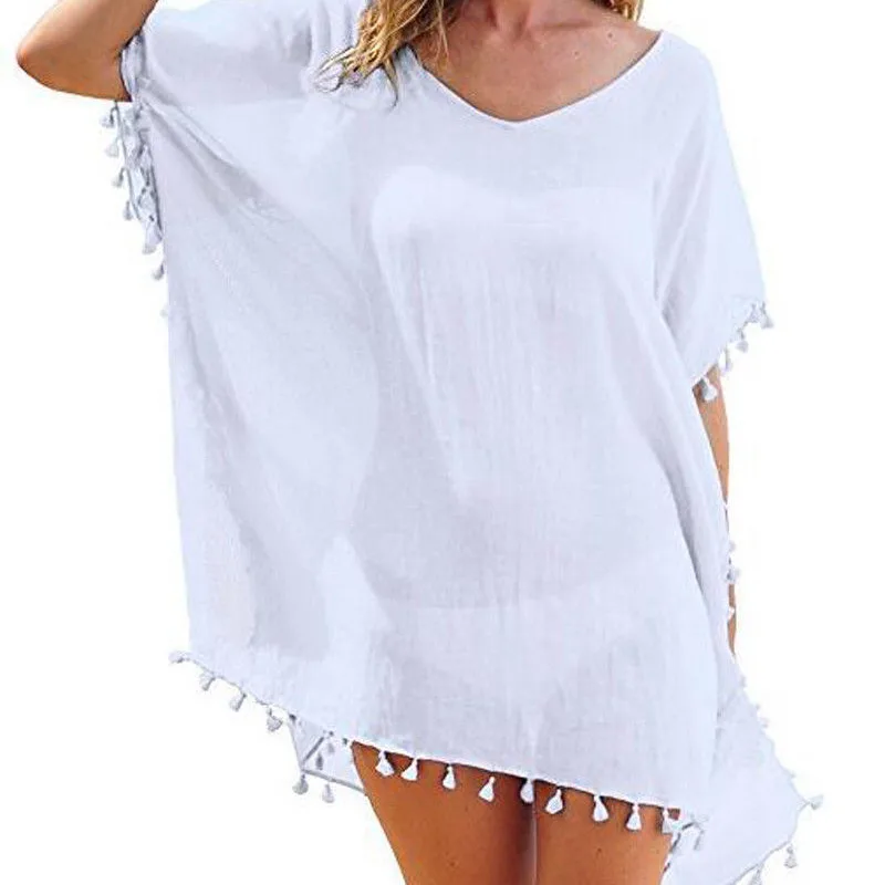 Chiffon Tassels Beach Wear Women Swimsuit Cover Up Swimwear Bathing Suits Summer Mini Dress Loose Solid Pareo Cover Ups swimsuit cover up swimsuit coverup