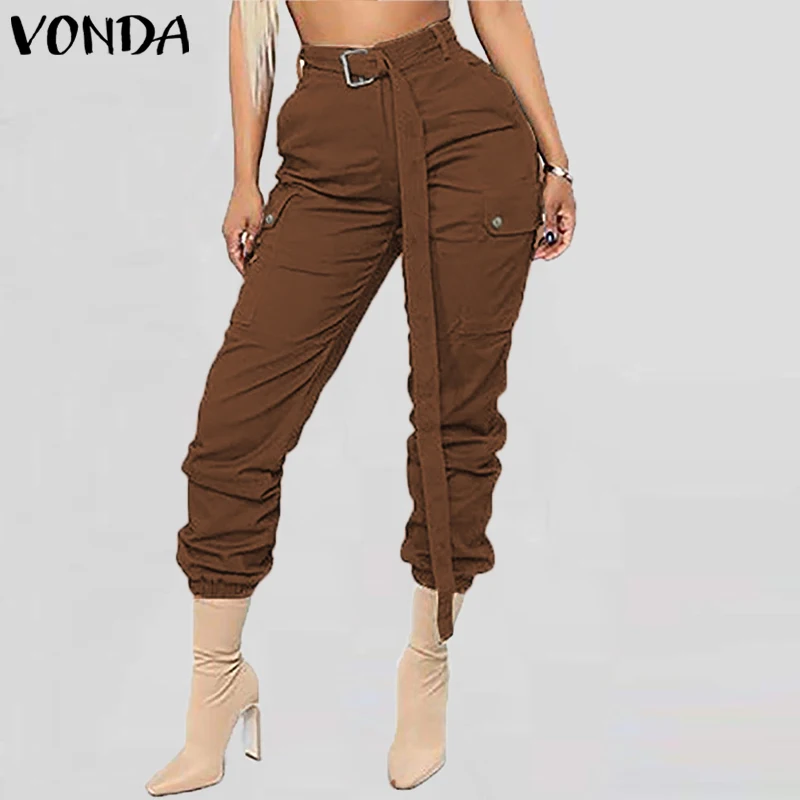 VONDA, лето, осень, длинные штаны с поясом, женские повседневные однотонные штаны на пуговицах размера плюс, офисные комбинезоны OL, Pantalon