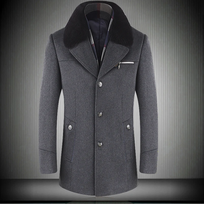 Меховое пальто для мужчин, Съемный шарф, пальто для мужчин, толстая однотонная шерстяная длинная куртка для мужчин, мужская деловая теплая шерстяная зимняя куртка, одежда - Цвет: Gray