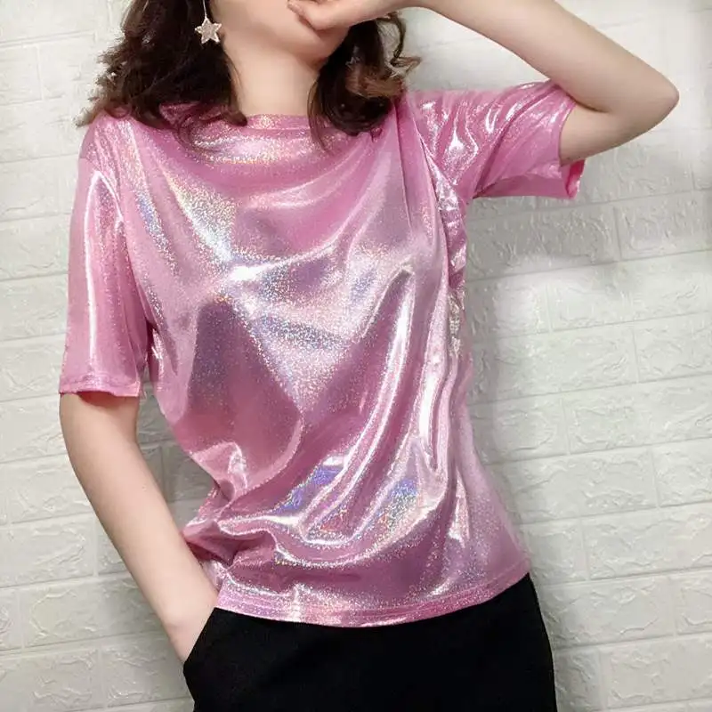 Pink Женская Повседневная футболка, цветная Светоотражающая печатная Футболка с коротким рукавом, футболка в стиле хип-хоп SER88 - Цвет: Pink
