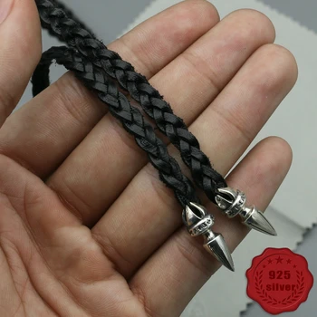 

S925 Sterling Silver Necklace Leather Rope Lanyard Necklace Gothic Punk Black Leather Neck Strap Couple Personality Matching