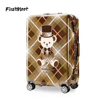 

Cartoon Teddy bear rolling luggage anime thick aluminum frame cute print travel trolley suitcase fresh couple luggage 20 inch