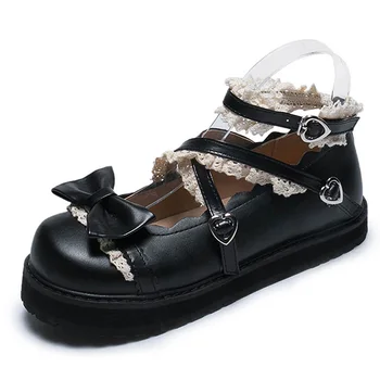 

Rosetic Gothic Lolita Shoes Women 2020 Lace Design Japanese Student Girl Round PU Leather Shoes 40 High Quality Black White