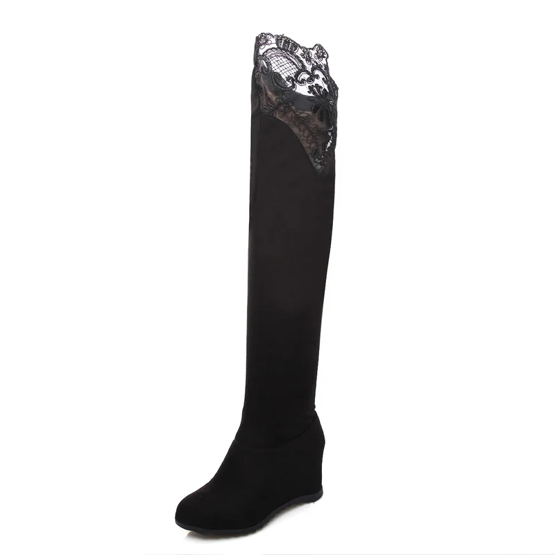 

KALENMOS Women Over The Knee High Boots Increasing Wedge Heel Flock Long Boot Ladies Slip on Lace Autumn Winter Shoes Size 34-43