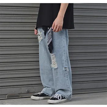 

Men's jeans street jeans tooling ripped jeans men's washed old big pockets loose wide feet pants