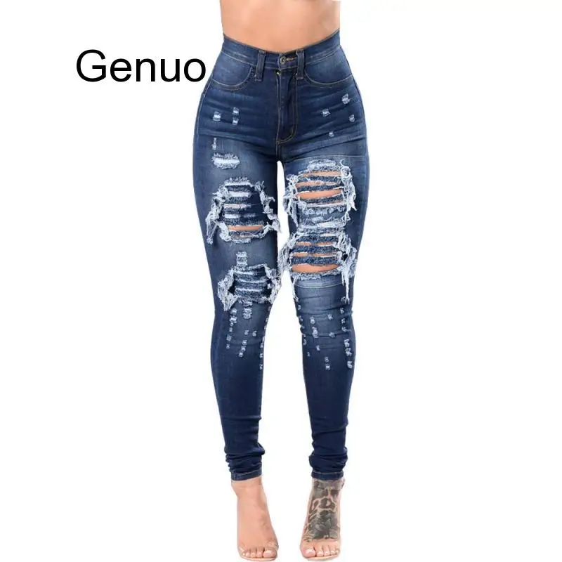 

Womens Fashion High Waist Jeans Broken Hole Slim Body Jeans Slim Stretch Bodycon Hollow Out Ripped Jeans Demin 3XL