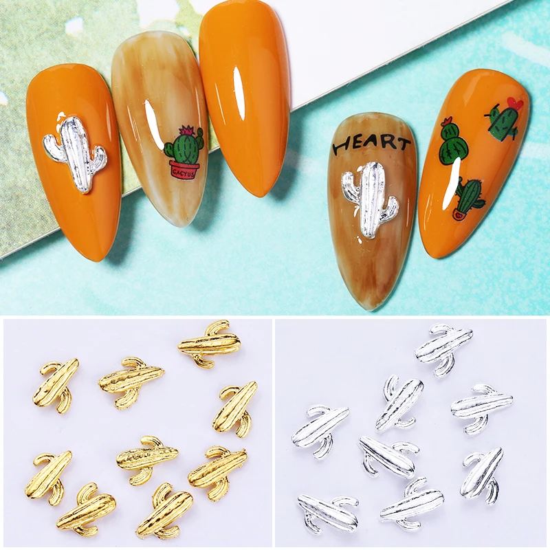 

10 PCS/Bag Gold Sliver Nail Rhinestone Cactus Ornament DIY Design Mixed Colors Studs For UV Gel Polish Summer Nail Decoration