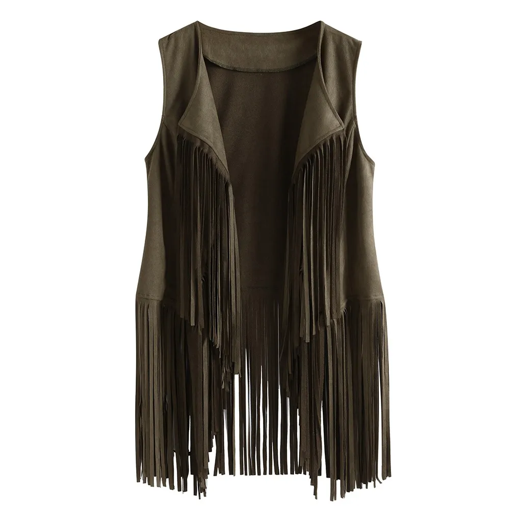 Women Autumn Winter Suede Ethnic Sleeveless Tassels Fringed Vest Cardigan