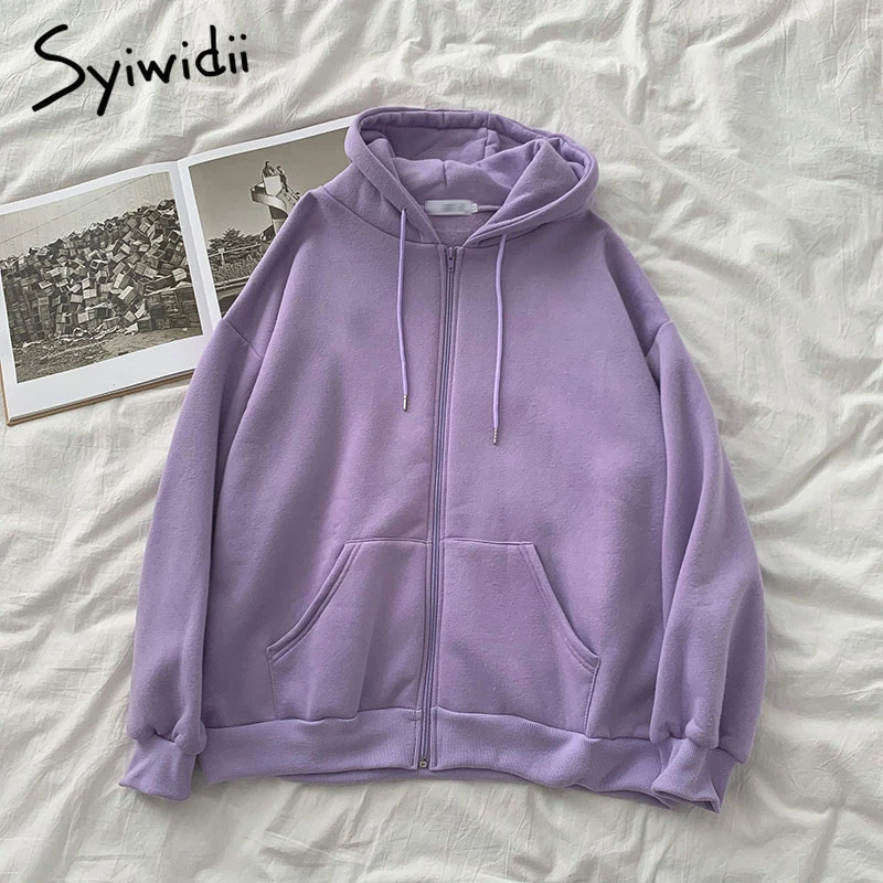 Syiwidii Fashion Fleece Hoodies Women Oversized Sweatshirt Fall 2021 New Long Sleeve Hooded Pockets Zip-up Warm Tracksuit Jacket | Женская