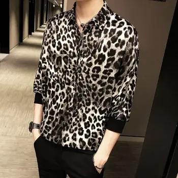 

Mens Summer Half Sleeve Leopard Print Shirt Youth Party Shirts Korean Tee Tops D44