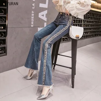 

Stretchy Plus Size Women Flare Jeans Pant Side Stripe Tassels Pearls Skinny Jeans Woman Pearls Skinny Pants High Waist Mom Jeans