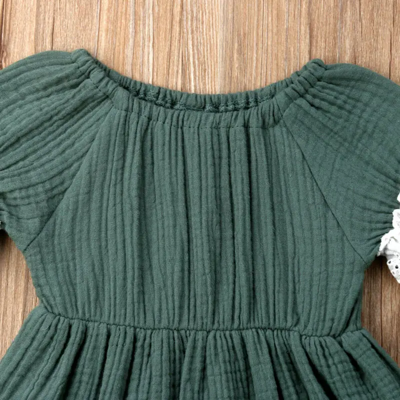 Toddler Baby Girls Tutu Short Sleeve Ruffle Dress Princess Lace Patchwork High Waist Cotton Short Sleeve Sundress