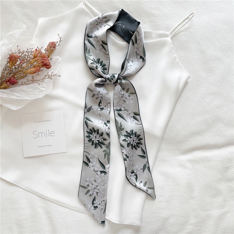 Women Silk Long Hairband Necktie Print Floral Skinny Ribbon Scarf Bag Wrist Bandana Girl Waist Popul 2021 Summer Accessories small hair clips