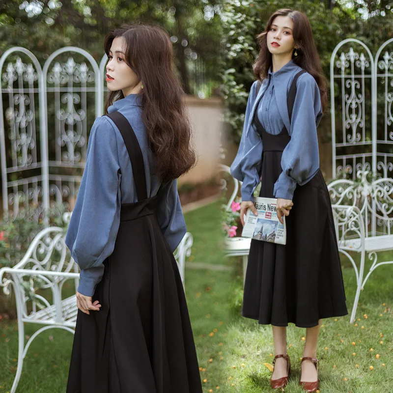 

France Non-mainstream Autumn And Winter Two-Piece 2019 New Style Retro Shirt Tops + Suspender Strap Long Skirts Elegant-Style Se