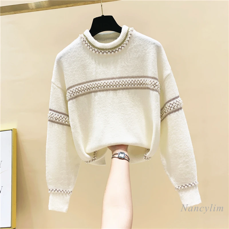 

Autumn Winter Warm Turtleneck Sweater Woman New Beads Pullover Striped Loose Short Outer Wear Sweaters Female Lady Jumper Pull