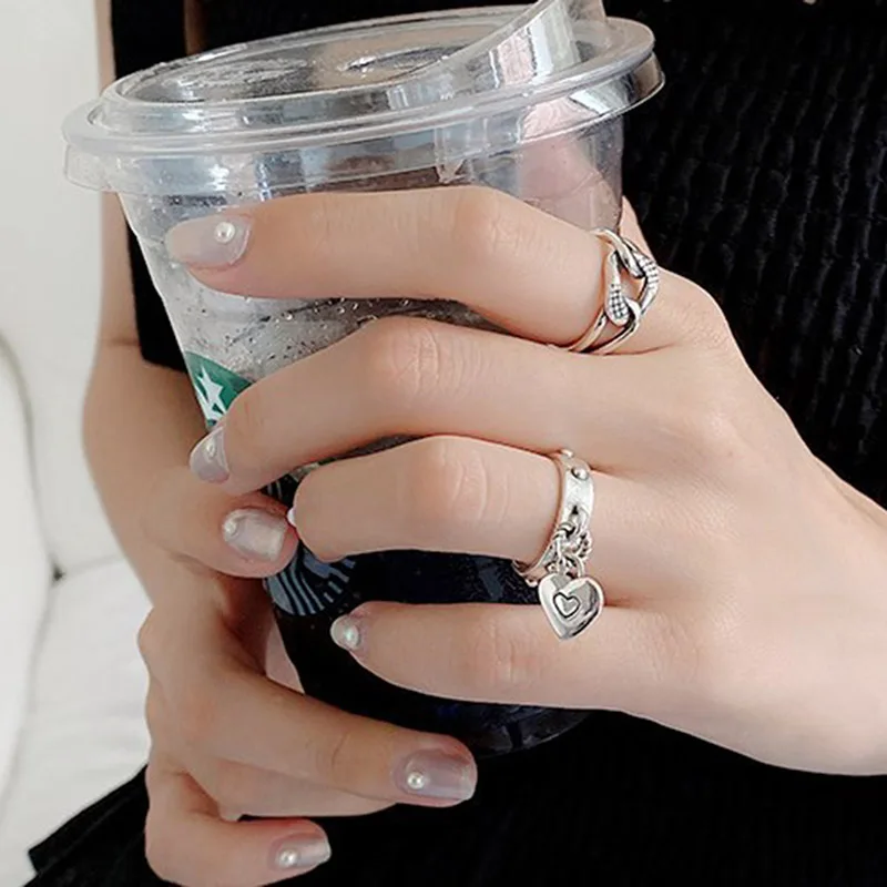 Silver Heart Ring Silver Rings Silver Ring Foxanry Stamp LOVE Heart Tassel Rings for Women Couples New Fashion Vintage Thai Silver Punk Party Jewelry Gifts