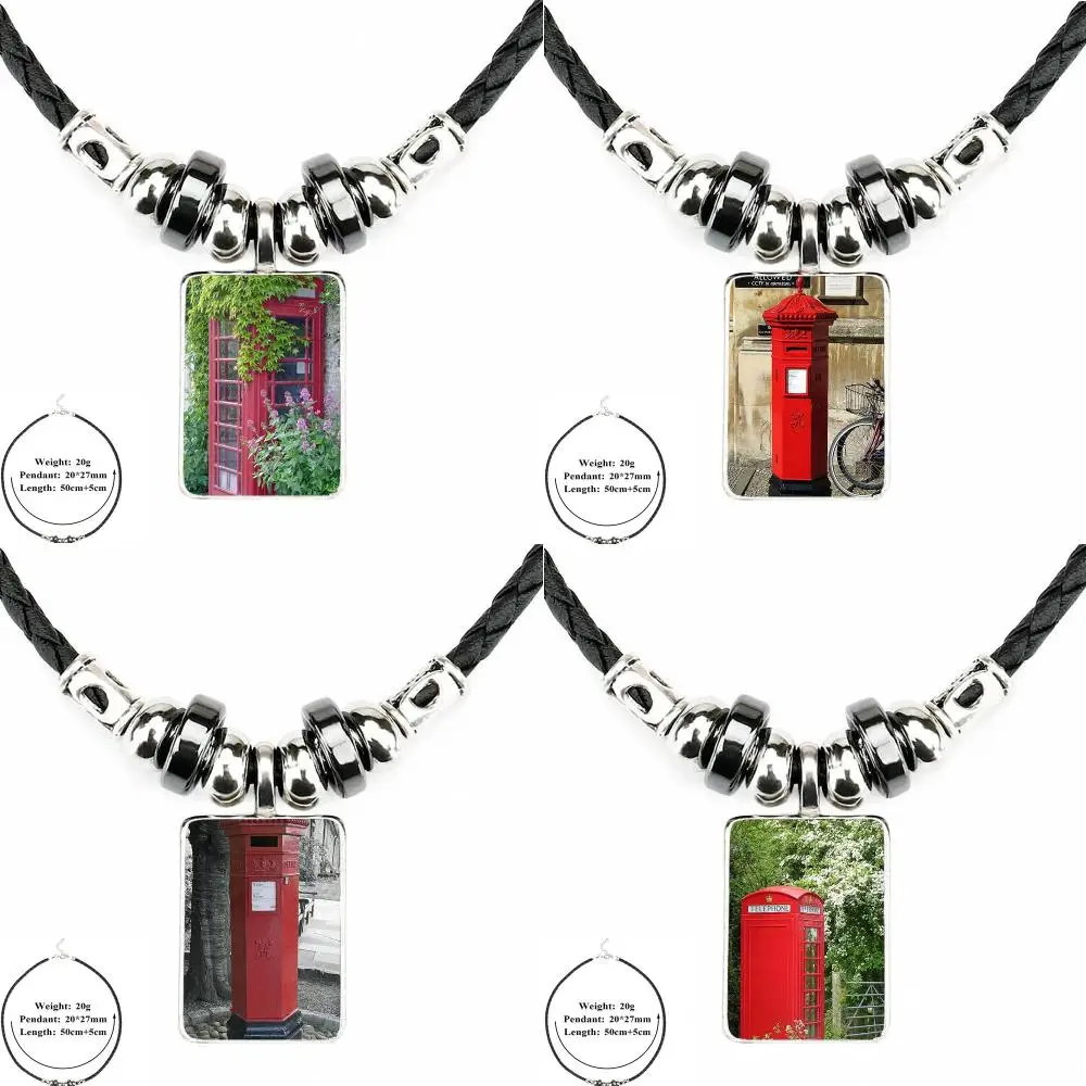 Vintage Jewelry Black Leather Bead Pendant Glass Cabochon Necklace For Women Girls Telephone Booth Vintage London Letters