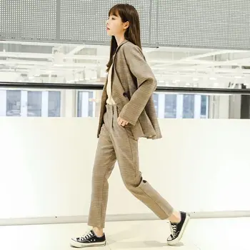 

2020 Plaid Blazer Suit Female Notched Vintage Loose Ladies Blazer+Zipper Casual Harem Pants Spring Work 2 Piece Set Women