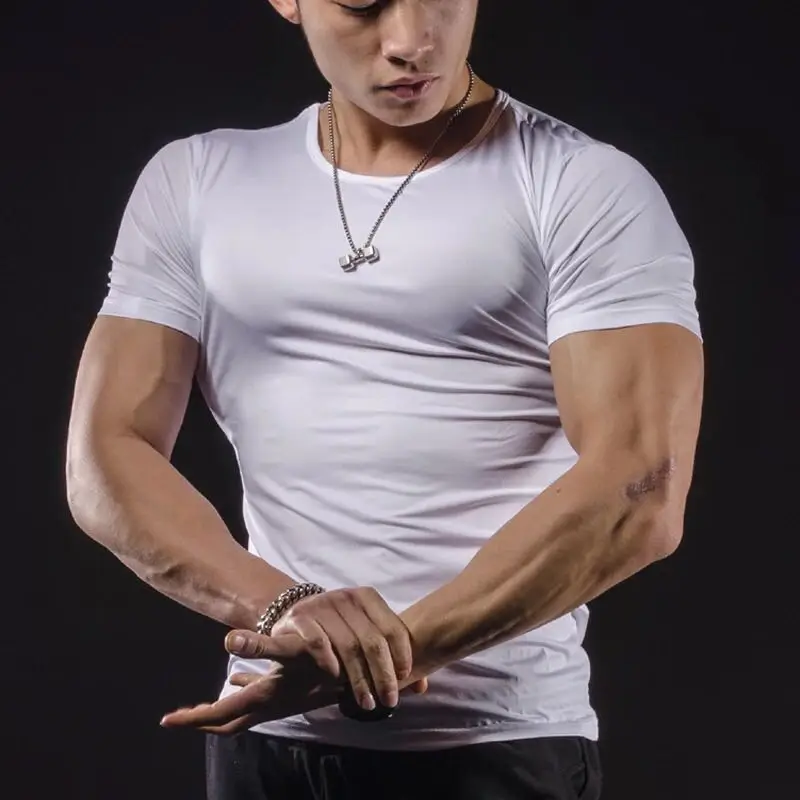 JS735J-Workout fitness men Short sleeve t shirt thermal muscle bodybuilding wear compression Elastic Slim exercise clothing | Мужская